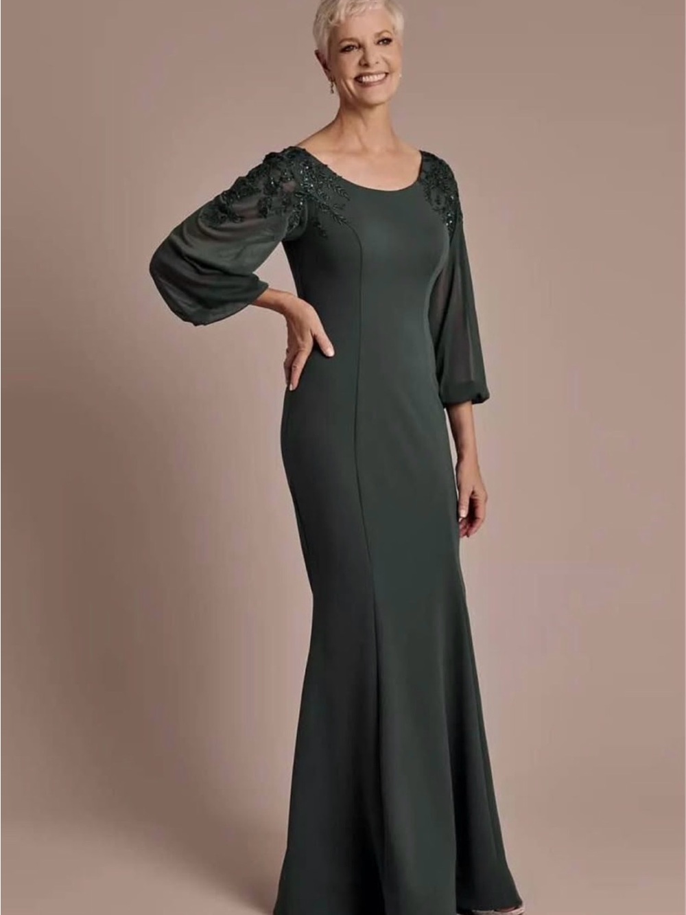 Oleg Cassini Dark Green Embellished Sleeve Maxi Dress